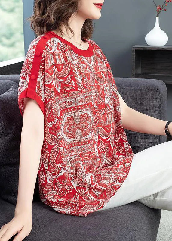 Red O-neck Print Draping Chiffon Tank Tops Short Sleeve