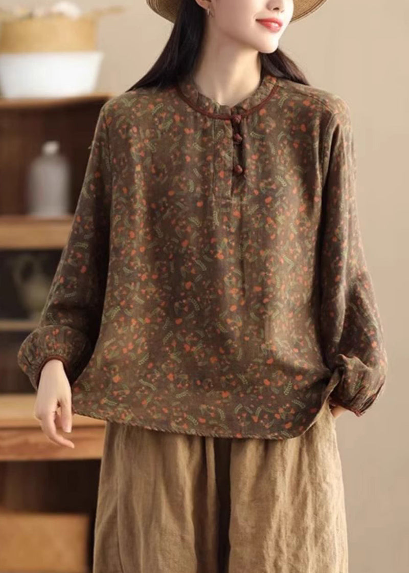 Green Patchwork Button Linen Shirts Long Sleeve