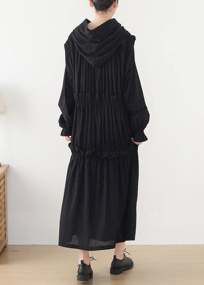 Black Cinched Hooded Spring Cotton Dress