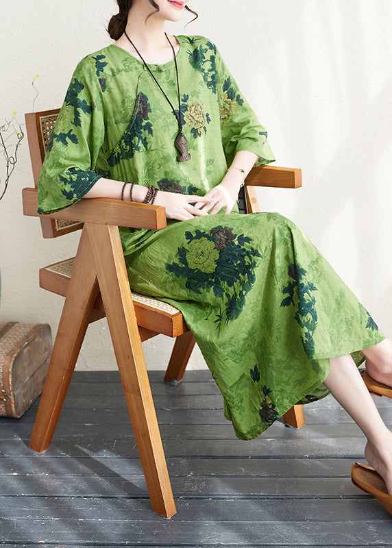 Green Print Chinese Button Linen a Line Dress Summer