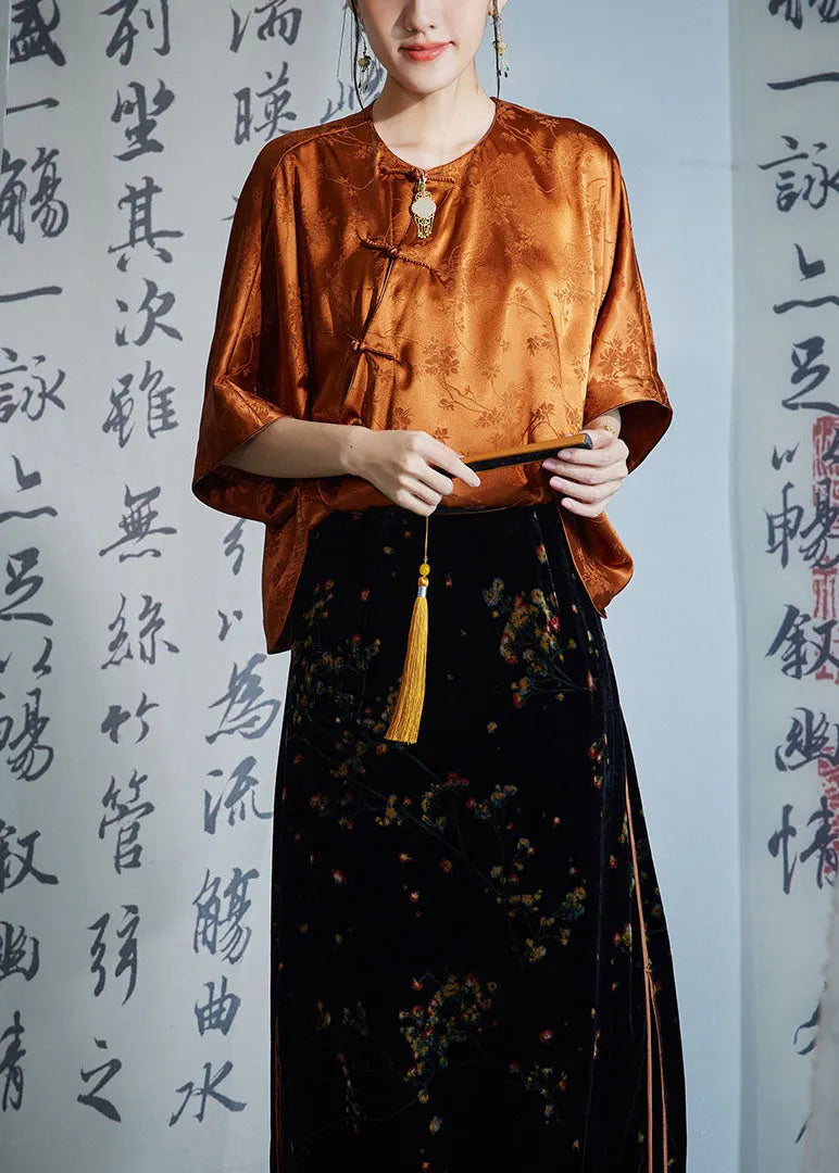 Caramel O-neck Oriental Button Side Open Jacquard Silk Shirt Half Sleeve
