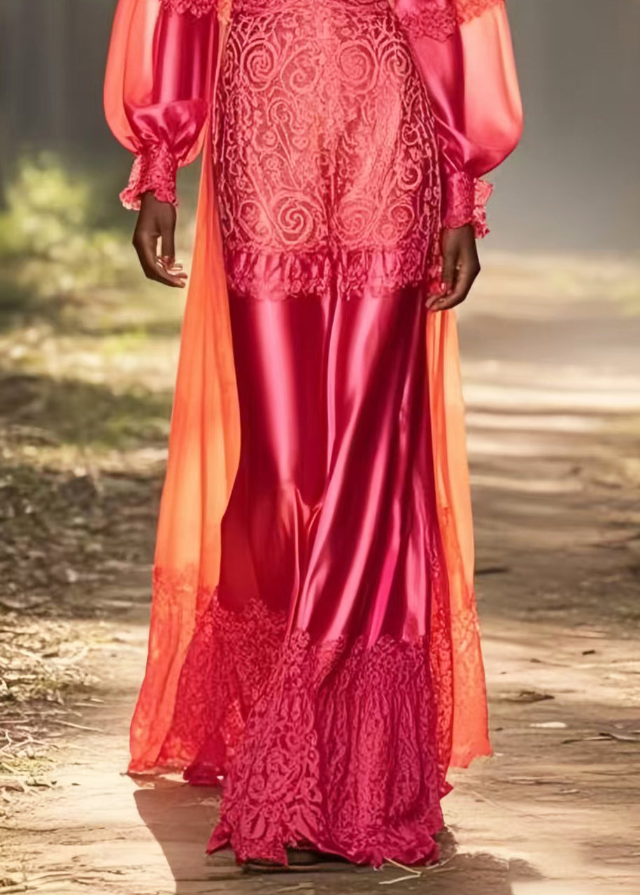 Fine Rose V Neck Patchwork Lace Silk Vestidos Dress Spring
