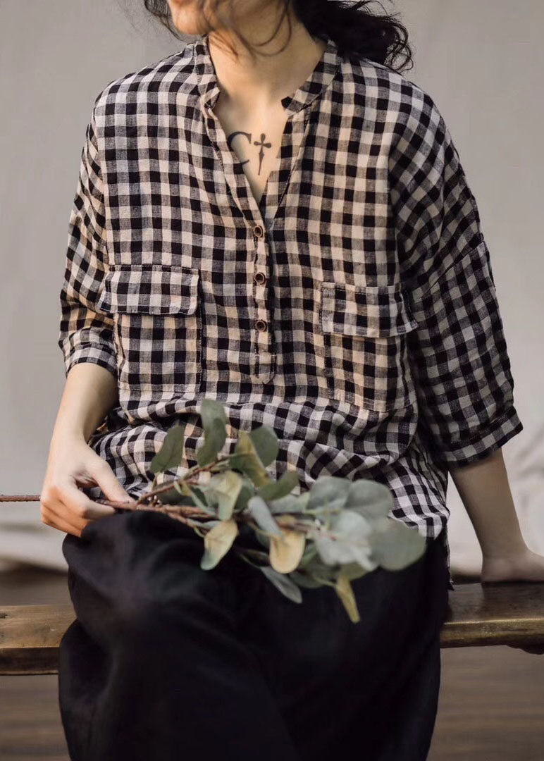 Fitted Large Lattice V Neck Button Loose Linen Shirt Spring