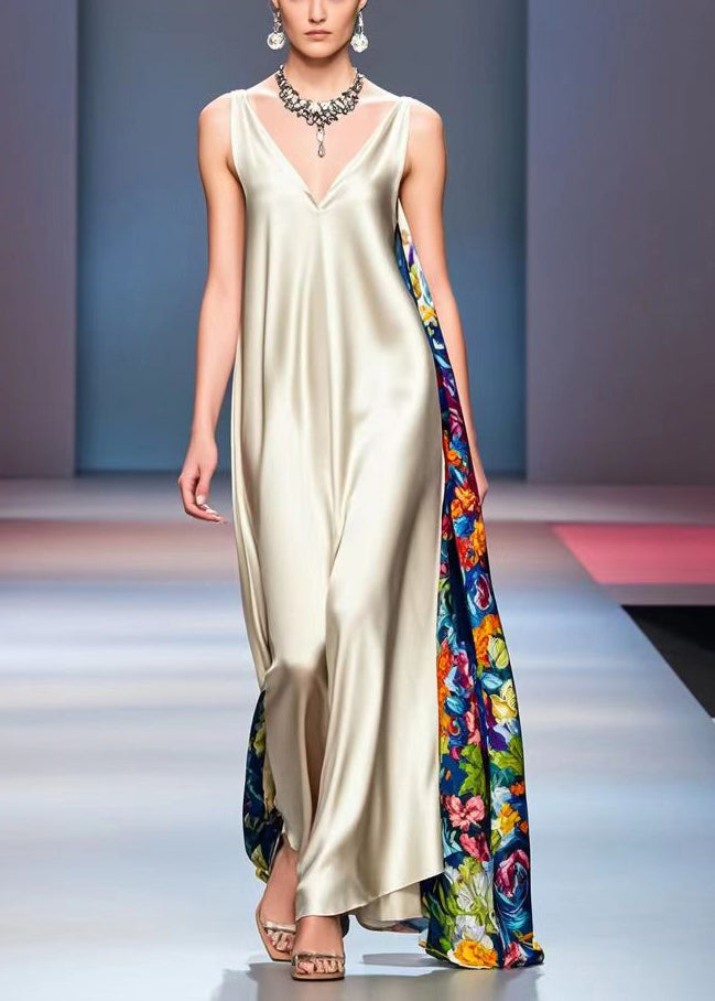 Champagne Asymmetrical Patchwork Print Silk Long Dress Sleeveless