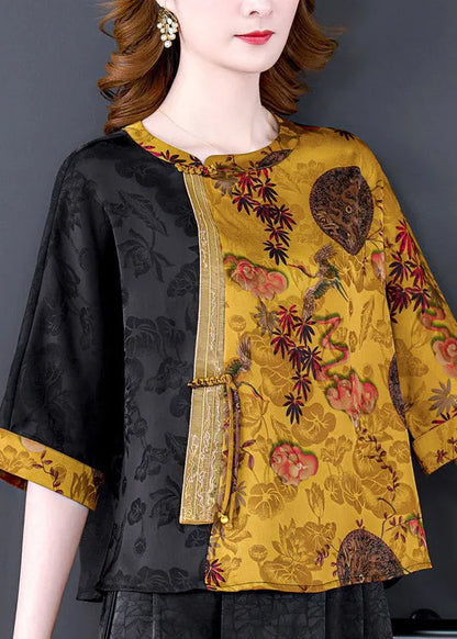 Yellow O-neck Print Button Tops Bracelet Sleeve