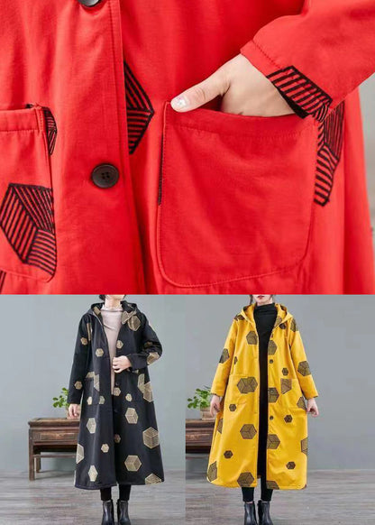 Yellow Hooded Pockets Print Warm Fleece Coat Winter