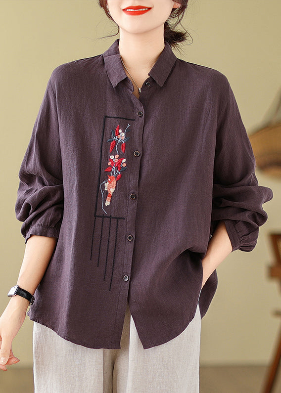New Purple Embroideried Cotton Blouses Long Sleeve