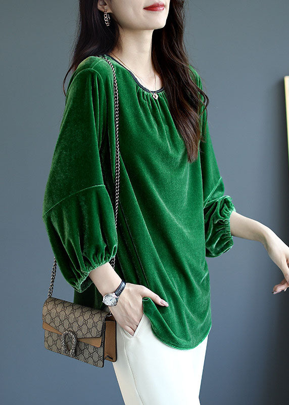 Green Patchwork Velour Shirt Tops Spring