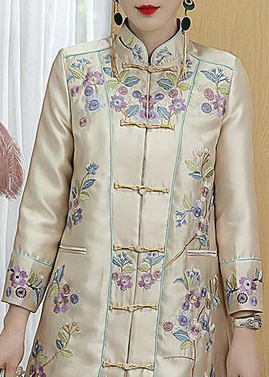 Vogue Champagne Stand Collar Printing Bird Button Pockets Satin Coats Long Sleeve
