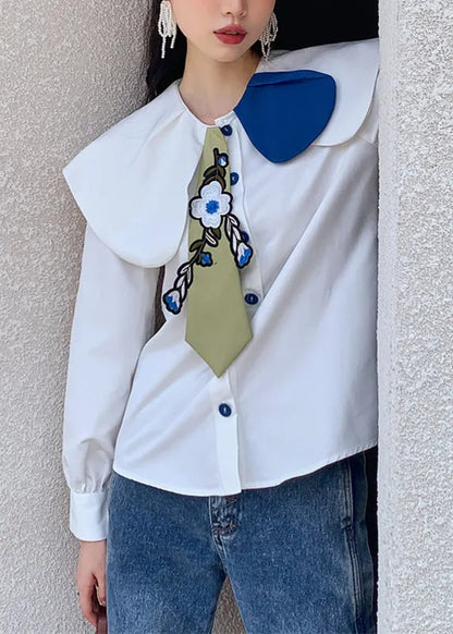 Fitted White Peter Pan Collar Embroideried Button Satin Shirt Long Sleeve