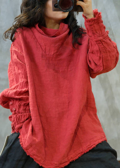 Loose Blue Turtle Neck Linen T Shirt Long Sleeve