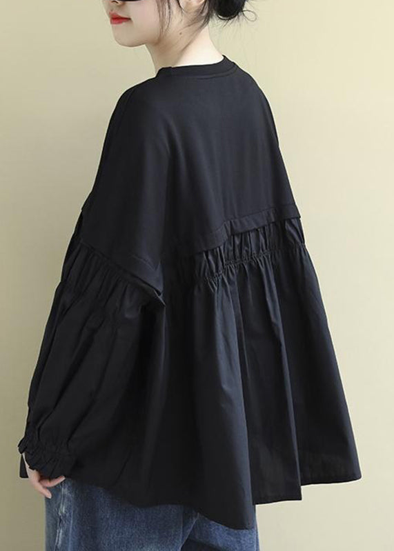 Loose Black O-neck Patchwork Button Cotton Top Long Sleeve