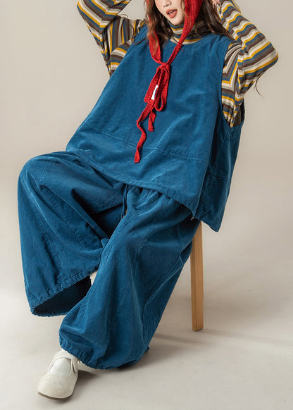 Handmade Blue O Neck Vest T Shirt Pants Corduroy Sets 3 Pieces Spring