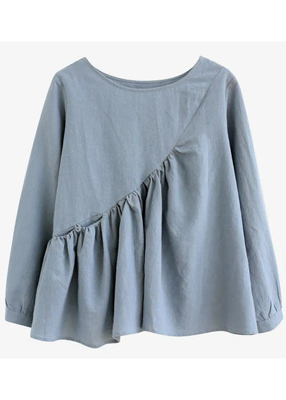 Loose Blue O-neck Pockets Patchwork Fall Long Sleeve Top