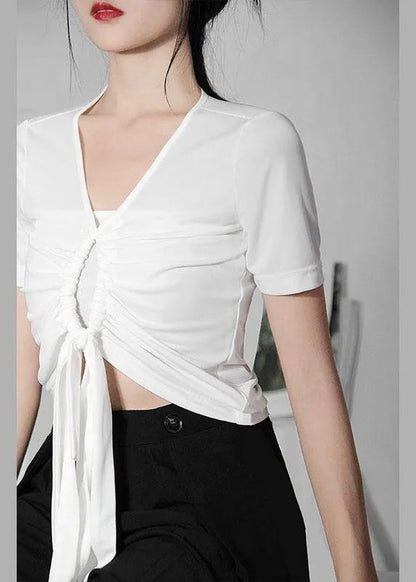 Italian White Drawstring V Neck Tops Summer