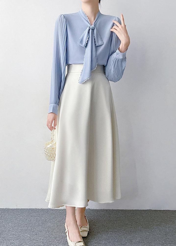 Blue Bow Draping Chiffon Pleated Shirts Spring