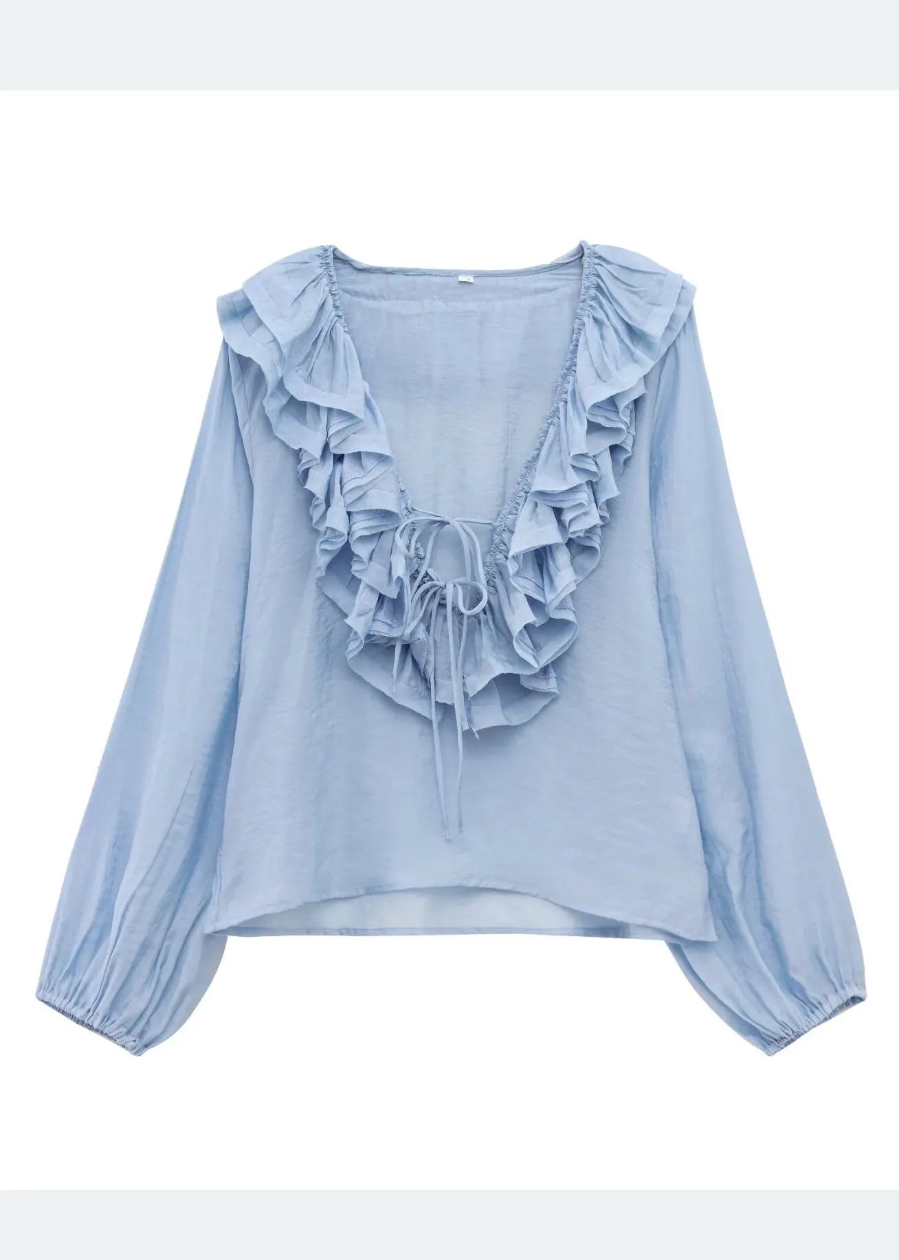 Sky Blue Ruffled Cotton Shirt Tops Summer