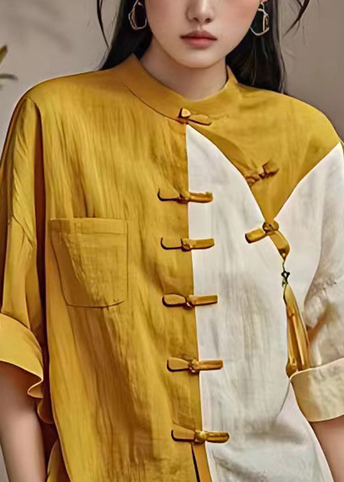 Yellow Button Pockets Patchwork Cotton Shirt Flare Sleeve