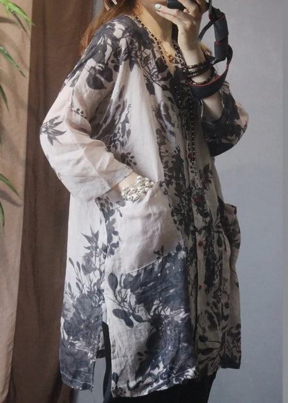 Art Grey V Neck Button Side Open Pockets Print Linen Shirt Top Summer