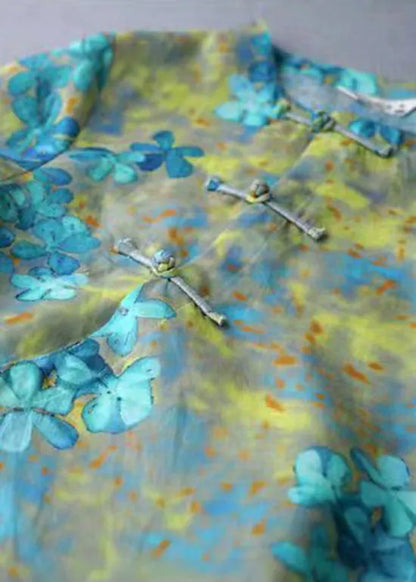 Yellow Linen Shirts Top Button Three Quarter Sleeve