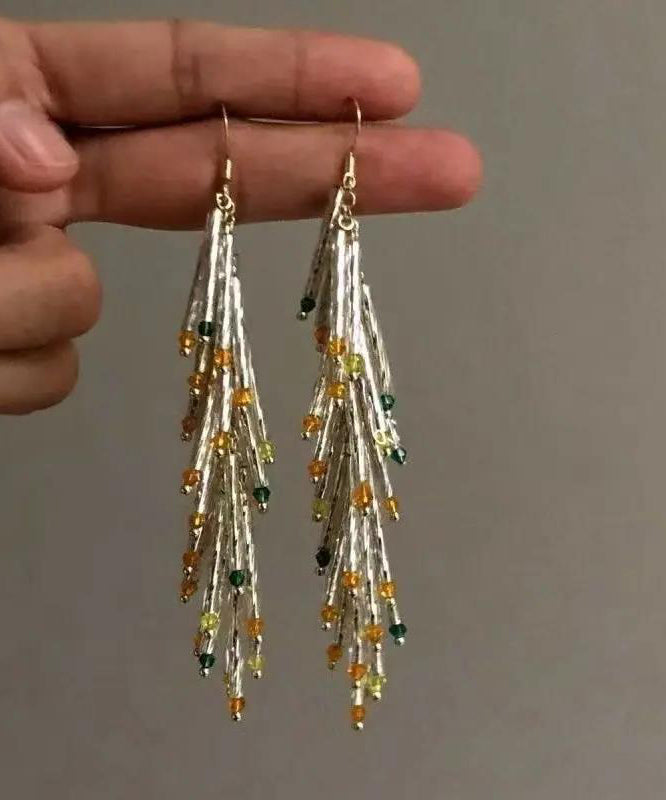 Novelty Silk Sterling Silver Overgild Ear of Wheat Tassel Drop Earrings