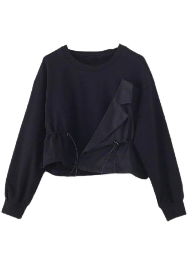 Black O-neck Asymmetrical Design Cinched Sweatshirt