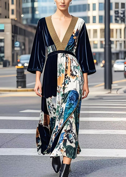 Dark V Neck Print Silk Velour Cinched Dress Fall