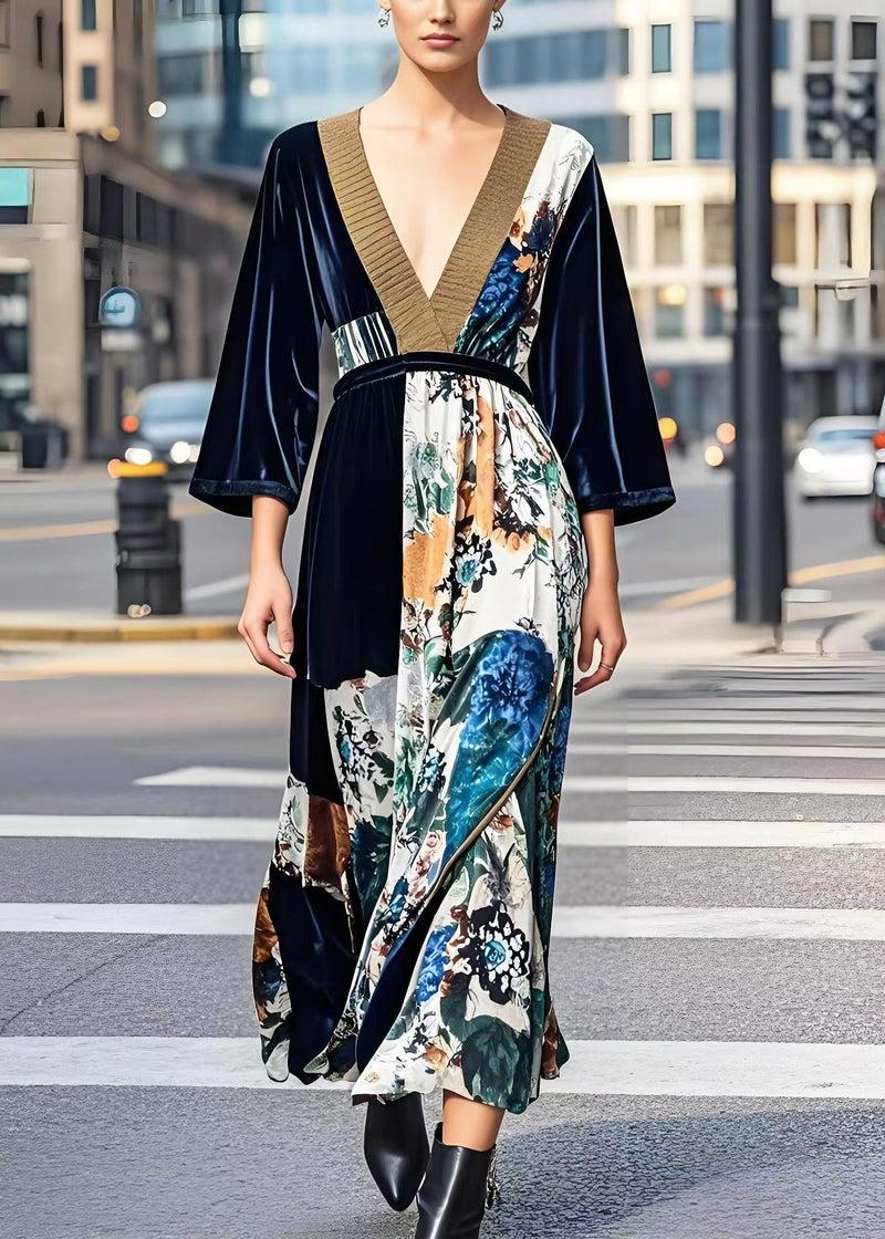 Dark V Neck Print Silk Velour Cinched Dress Fall