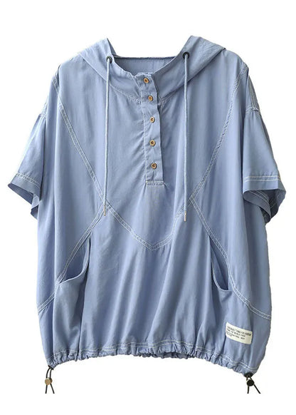 Simple Light Blue Drawstring Hooded Cotton Sweatshirt Short Sleeve