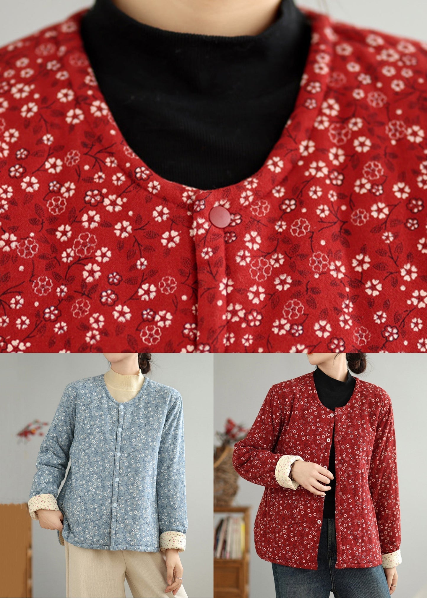 Red O Neck Button Print Thick Coats Winter