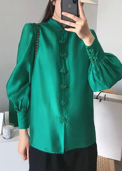 Green Stand Collar Chinese Button Silk Blouse Top Long Sleeve