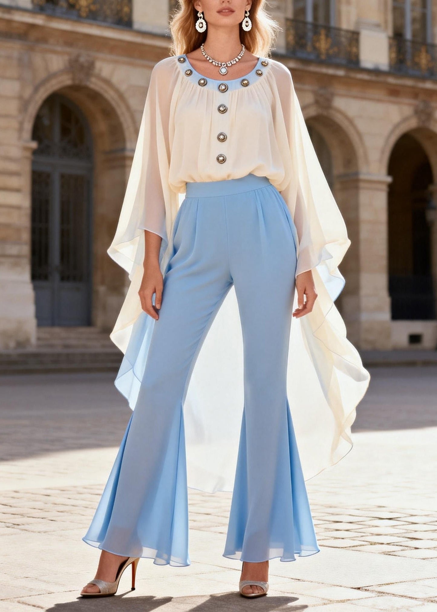 Asymmetrical Top and Flare Bottoms Chiffon Two Pieces Set Spring