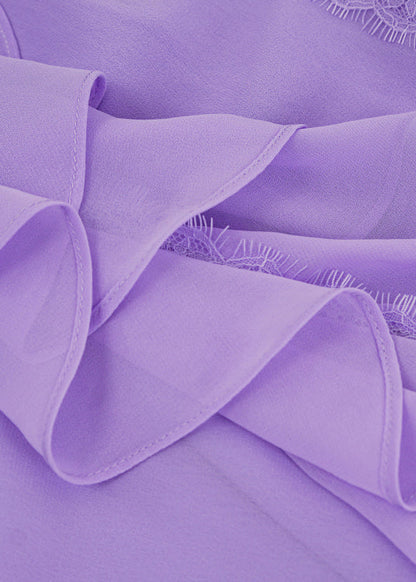 Purple V Neck Ruffled Lace Patchwork Silk Ankle Dress Summer