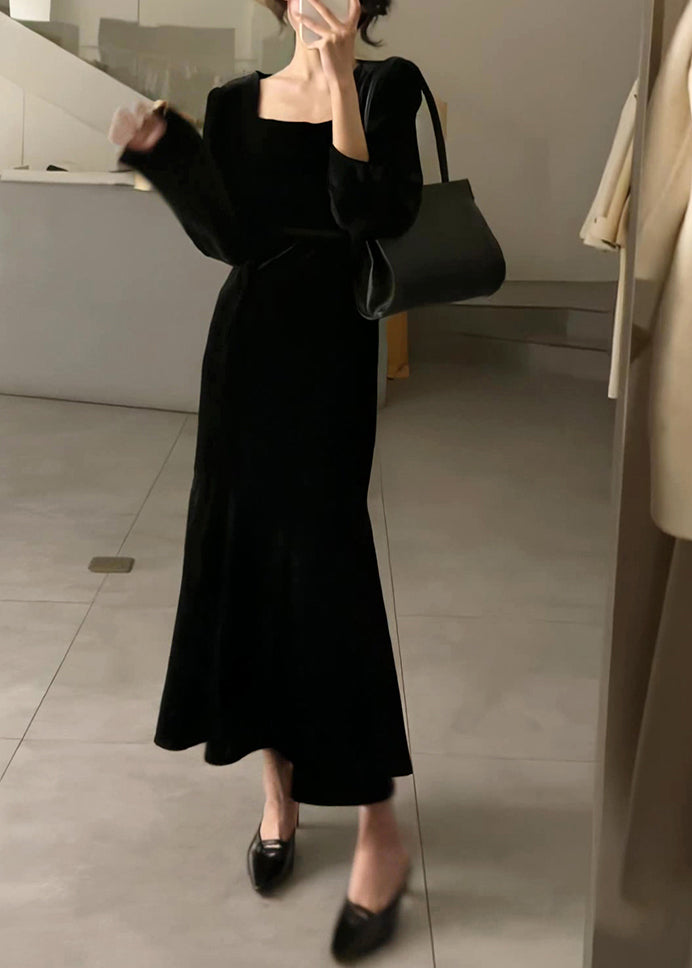 Slim Fit Black Square Collar Silk Velour Long Dresses Long Sleeve