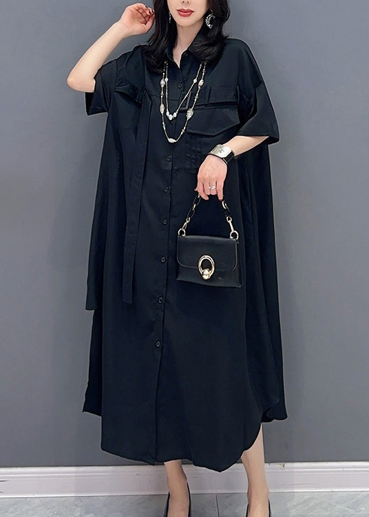 Style Black Peter Pan Collar Button Maxi Shirts Dress Summer
