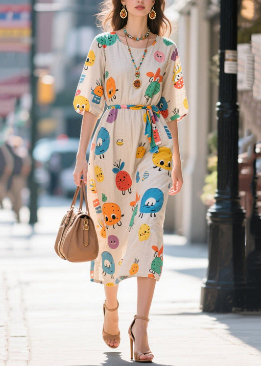 Novelty Apricot Cartoon Print Cotton Dresses Summer