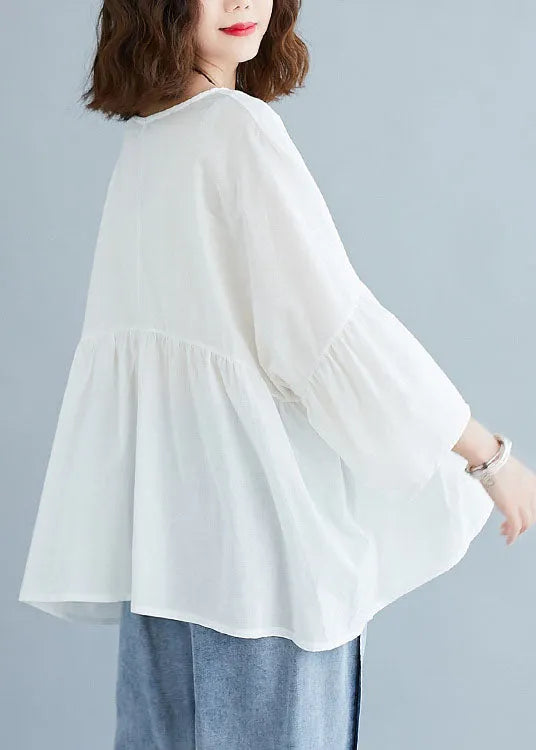White V Neck Patchwork Loose Fall Tops Half Sleeve