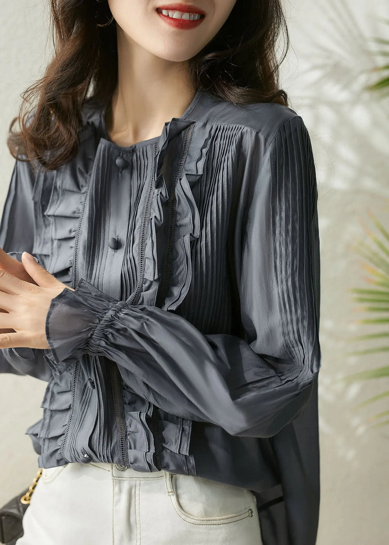 Simple Blue Grey Button O-neck Ruffled Chiffon Top Lantern Sleeve