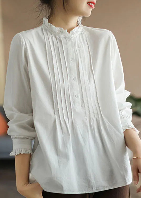 Unique White Ruffled Wrinkled Cotton Shirt Tops Spring
