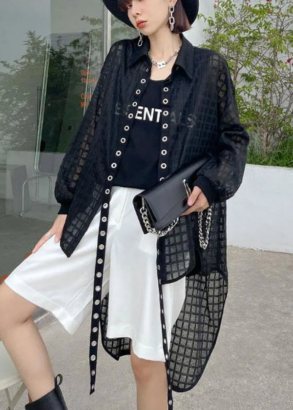 Natural Black Peter Pan Collar Low High Design Long Sleeve Shirt Top Summer
