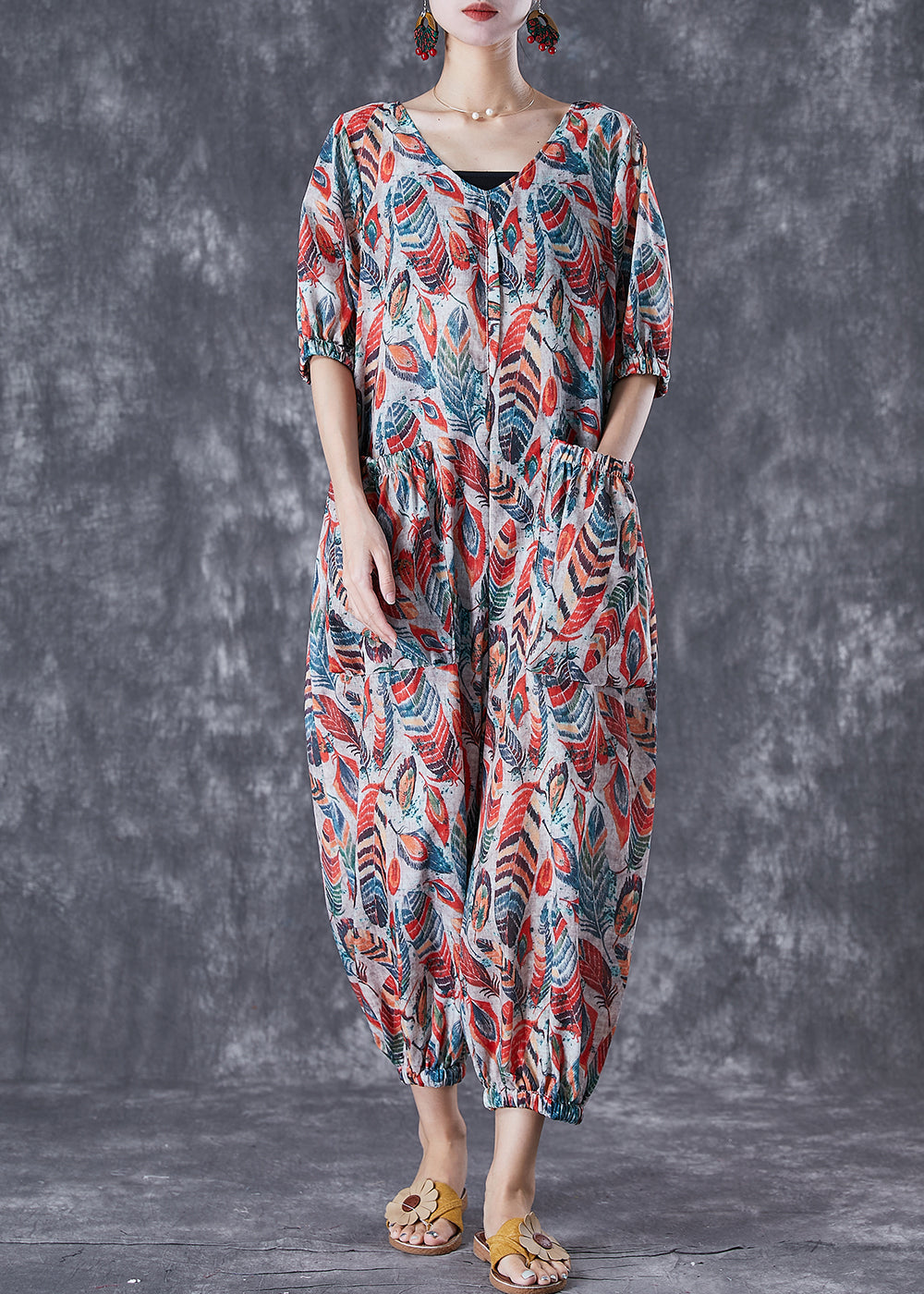Red Feather Print Pockets Linen Jumpsuit Summer