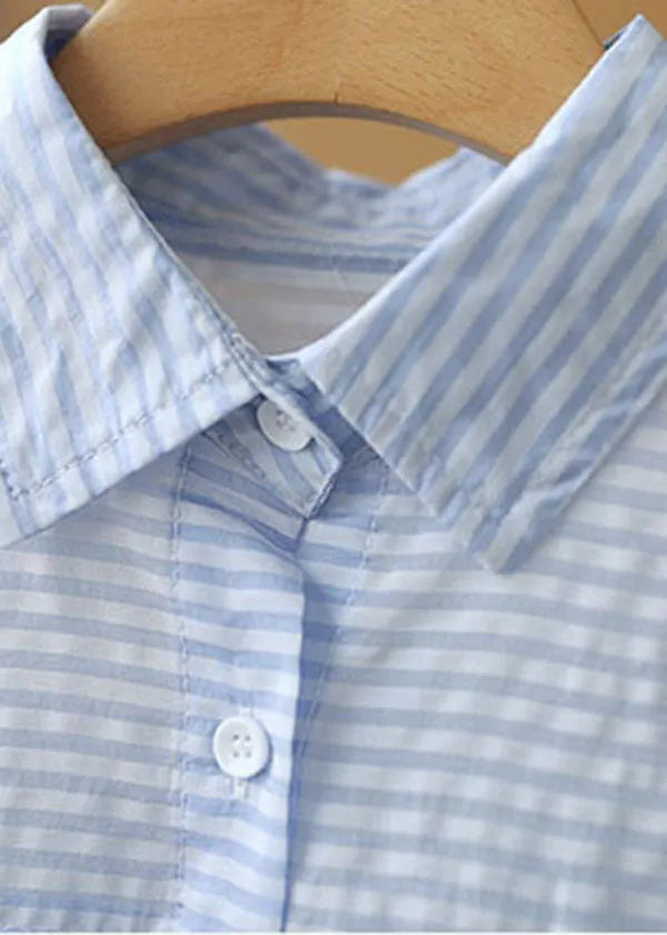 Light Blue Peter Pan Collar Striped Pocket Silk Shirts Short Sleeve