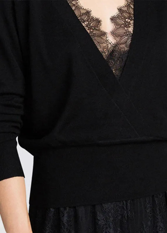 Black V Neck Lace Patchwork Hollow Out Wool Knitted Tops Winter