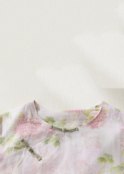 Pink O Neck Button Print Linen Shirts Bracelet Sleeve