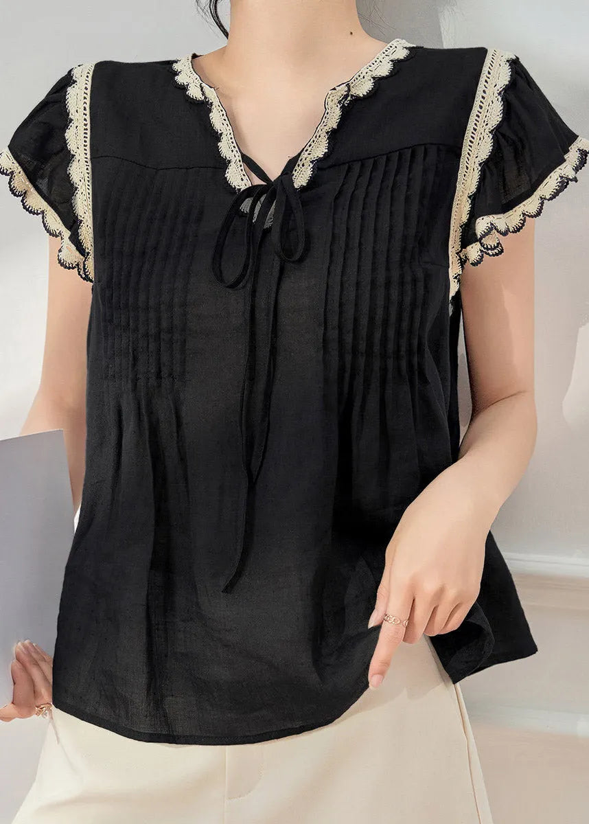 Stylish Black Lace Patchwork Tie Lace T Shirt Short Sleeve