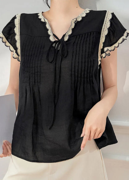 Stylish Black Lace Patchwork Tie Lace T Shirt Short Sleeve