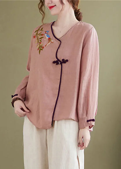 Pink Embroideried Asymmetrical Design Patchwork Top Long Sleeve