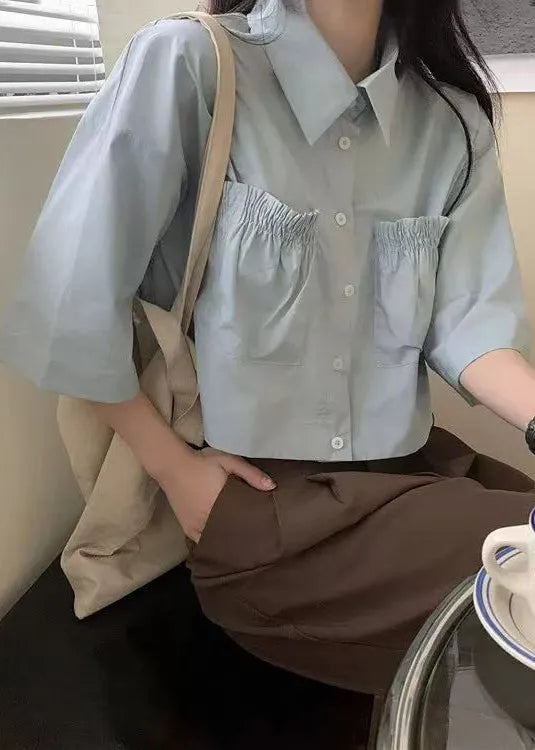 New Blue Peter Pan Collar Button Pockets Cotton Shirt Summer