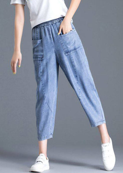 Modern Light Blue Elastic Waist Pockets Harem Jeans Summer