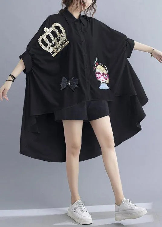 Fine Black Peter Pan Collar Low High Design Summer Top